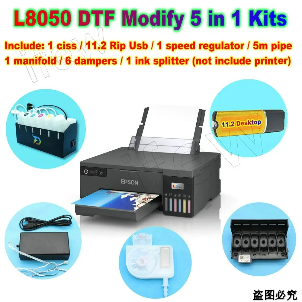 L18050 L8050 DTF CISS Ink System Kit Modify Full Set For Eco-Tank L18050 White Ink Tank With Stirrer Mixer 11.2 Rip Speed Damper