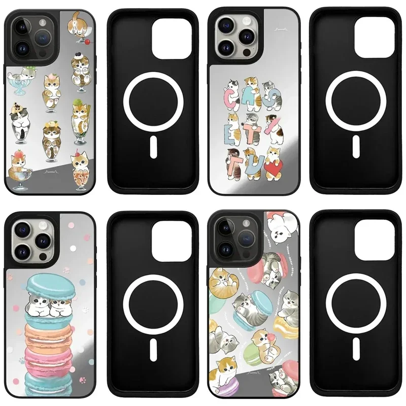 

Cute Dessert Cat Mirror Black Border Engraved Letters Phone Case Cover for iPhone 11 12 13 14 15 Pro Max Case with MagSafe