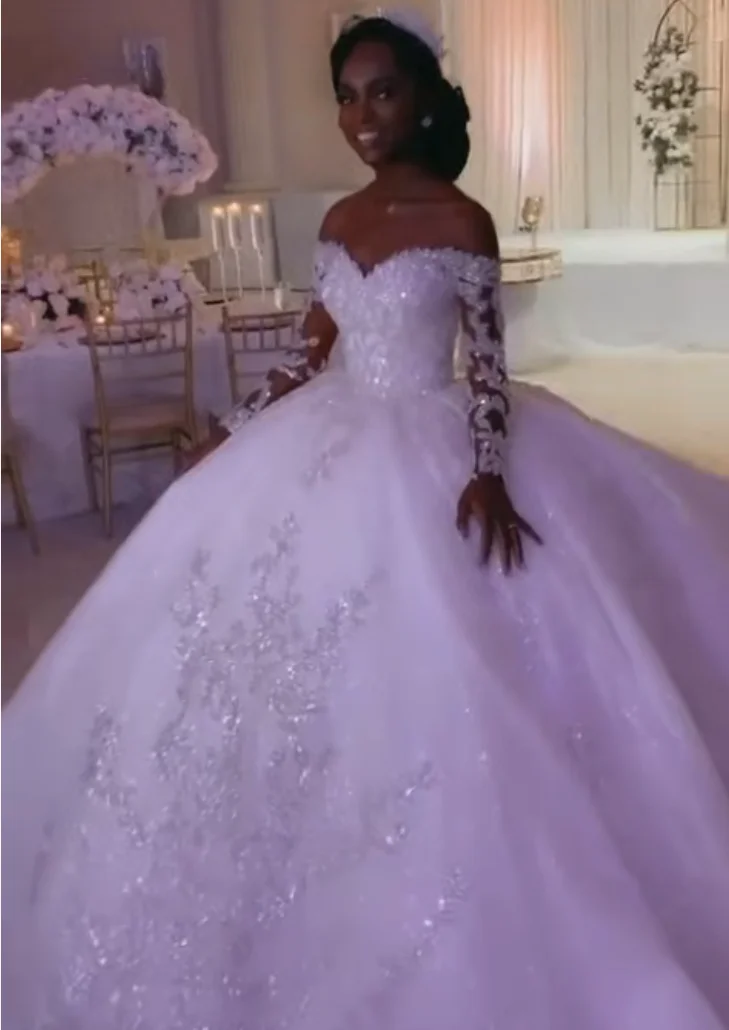 Customized Off the Shoulder Fully  Beads Appliques Luxury Wedding Dress  Robe De Marriage Ballgown African Puffy Bridal Gown