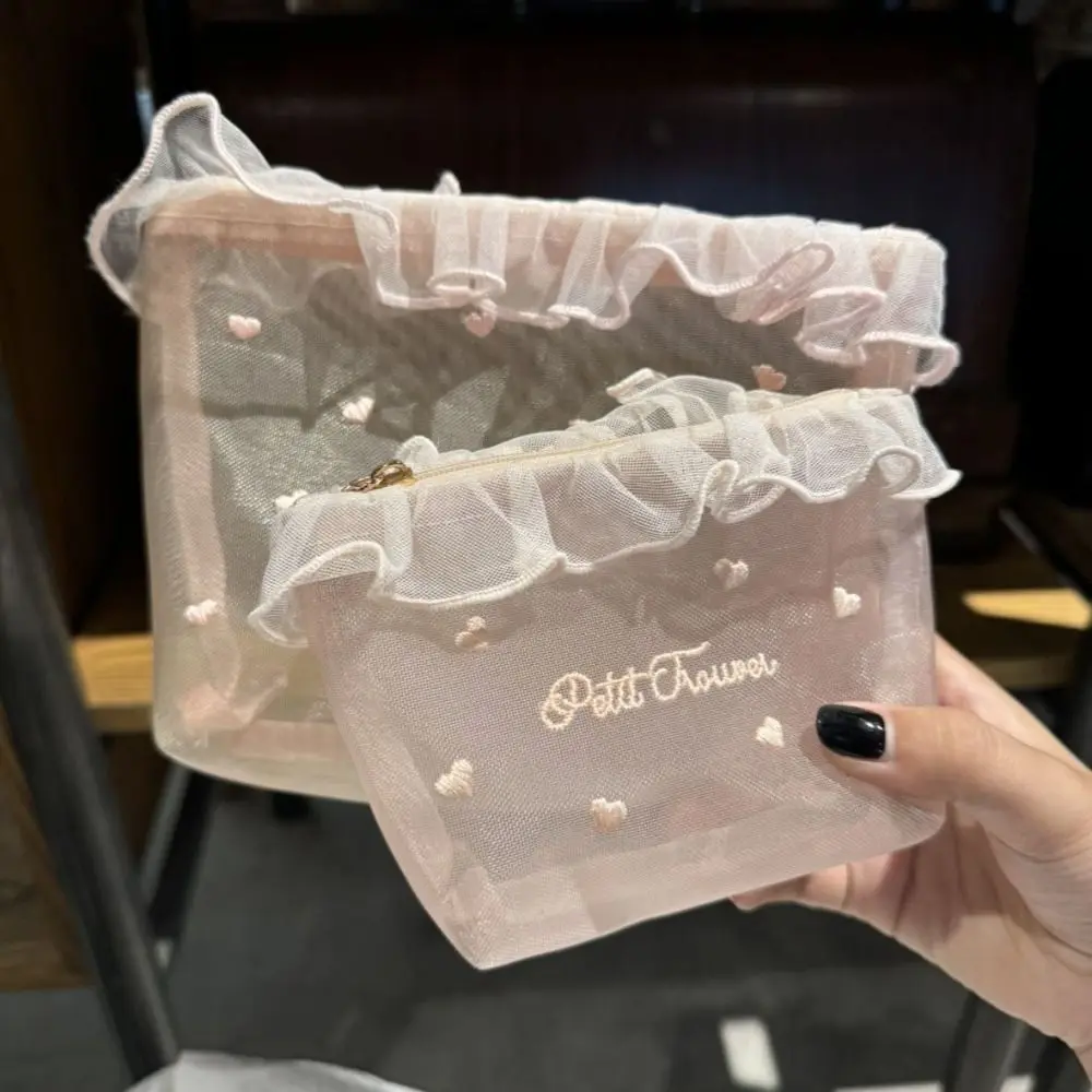 New Pink Series Mesh Bag Embroidered Large Capacity Makeup Bag Zipper Closure Cosmetics Bag Home Travel