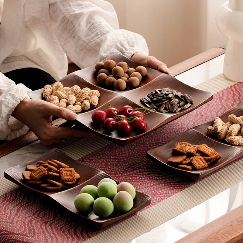 1Pc Nut Snack Tray 2/3/4 Grids Creative Wooden Trays Melon Seeds Dim Sum Fruit Plate Household Tray Tea Dessert Coffee Trays
