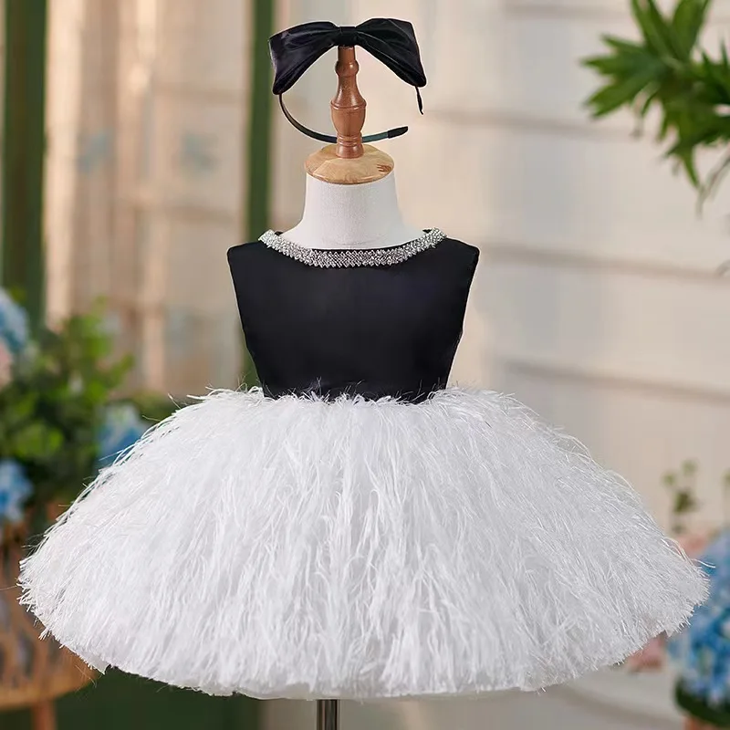 

2026 New Girls' French Style Feather Puff Princess Dress Children Light Banquet Children's One Year Old Dresses Ramadan Eid