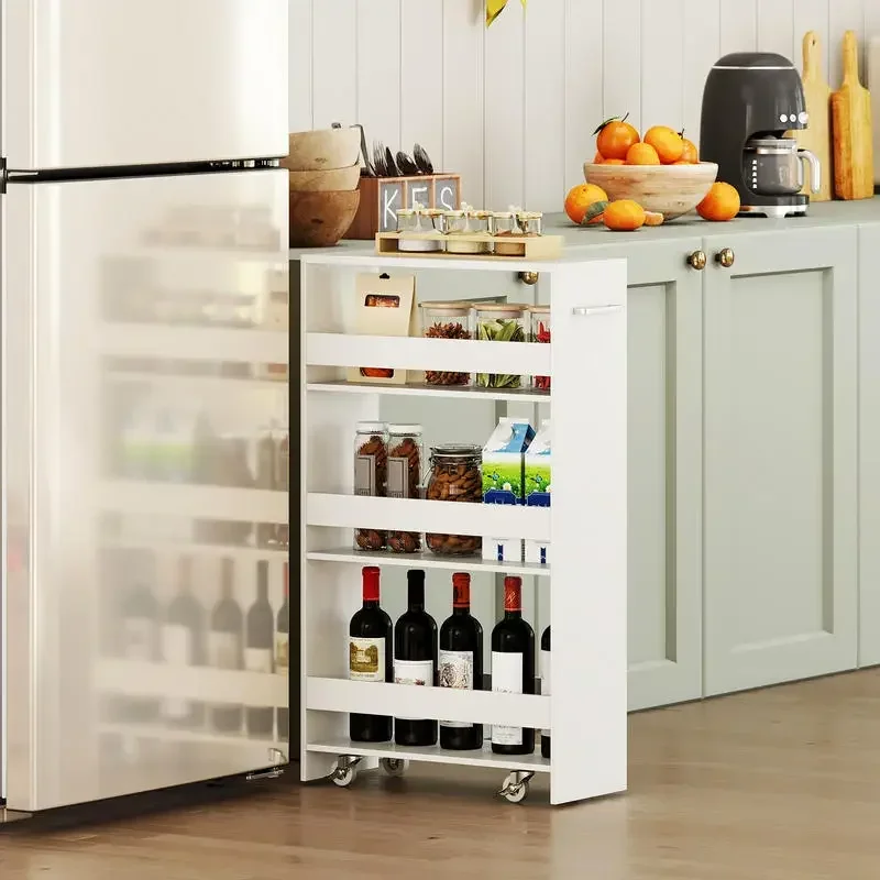 

4-Tier Rolling Storage Cart Slim Kitchen Cart on Wheels with Open Shelves and Handle-White