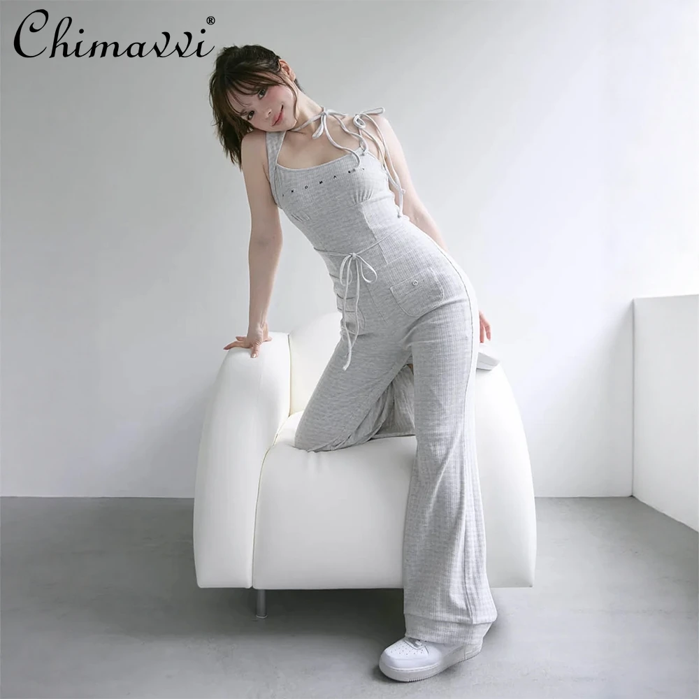 

Japanese Sweet Lace-Up Off-Shoulder Irregular Knitted Sleeveless Jumpsuit Long Pants Cute Girl Flattering Elegant Jumpsuits