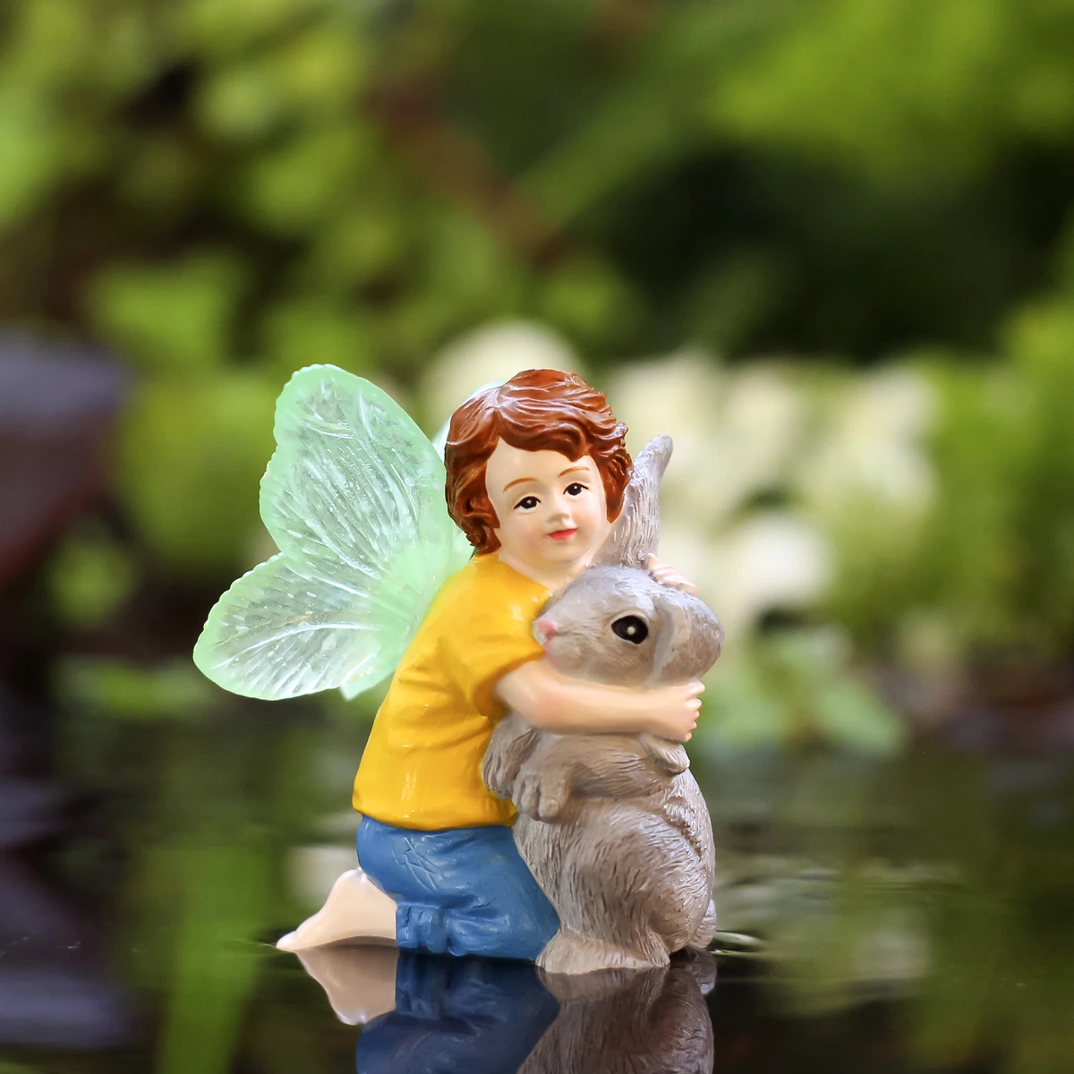 1 Fluorescent Wings Boy Flower Fairy Embracing Rabbit, Spring Garden Bonsai Decoration, Easter Rabbit, Family Gift
