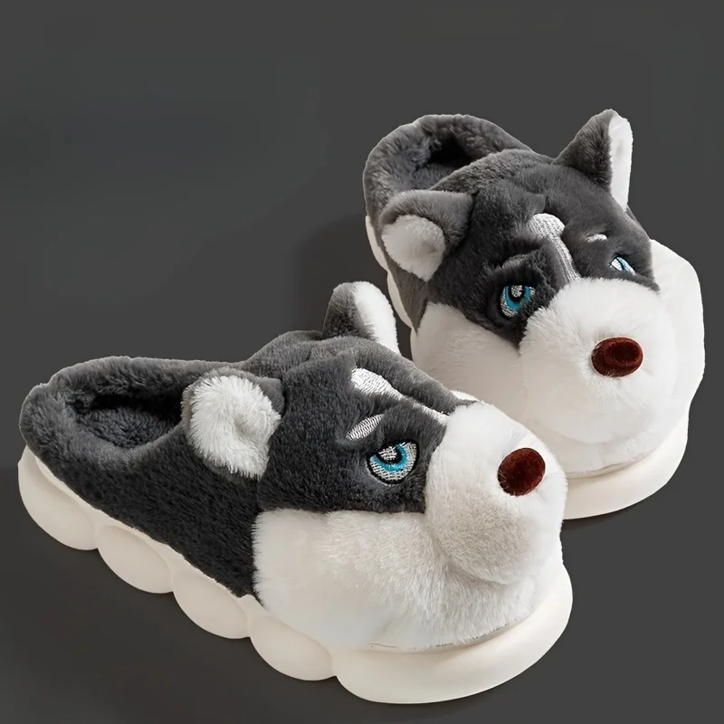 ZUOFU Cute Husky Dog Plush Slide Slippers Autumn Winter Soft Fuzzy Anti-Slip Comfort Indoor House Slippers EU 36-51