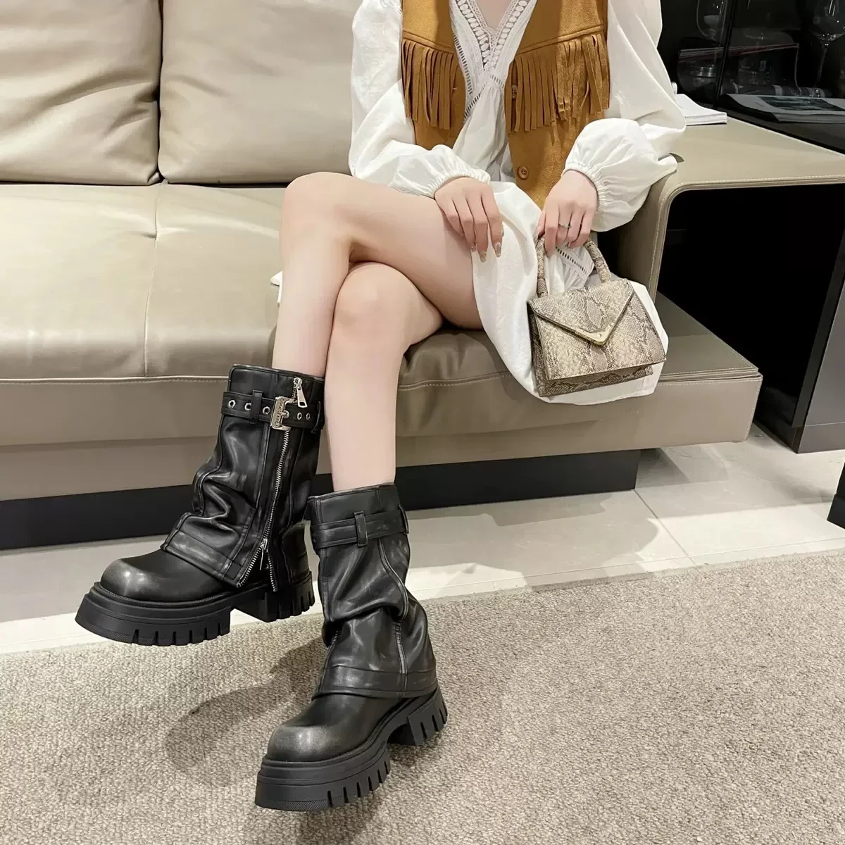 2025 Winter Women Biker Boots Fashion Belt Buckle Ladies Elegant Platform Long Pipe Booties Casual Women's Knee High Booties image 5