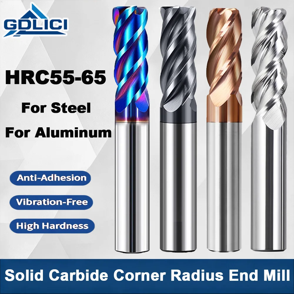 HRC55‑65 Coated Carbide Bull Nose End Mill, 3/4‑Flute Tungsten Steel CNC Milling Cutter for Steel & Aluminum
