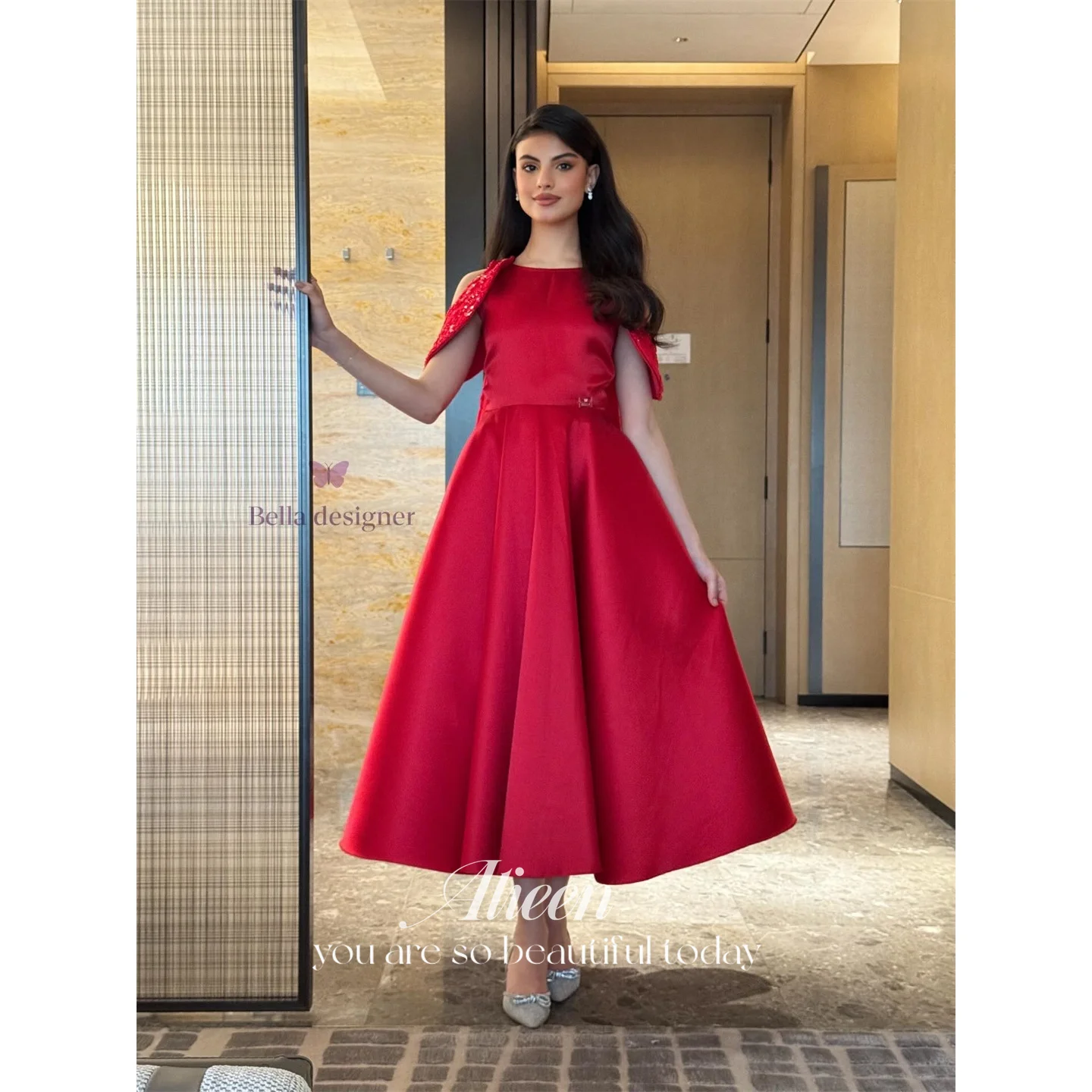 

Aileen Satin O-Neck Red A-Line Evening Dress 2026 Prom Dress Cocktail Party Robes de Soirée Women's Elegant Designer Banquet