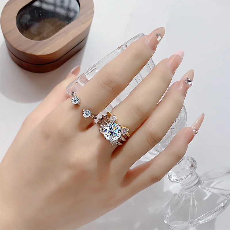 

High-quality Silver Couple's Companion Ring, Mosang Diamond Set, Row of Rings, Stacked Women's Ring Style
