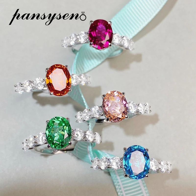 

PANSYSEN 925 Sterling Silver 3CT Oval Cut Colorful High Carbon Diamond Gemstone Ring 18K White Gold Plated Wedding Party Jewelry