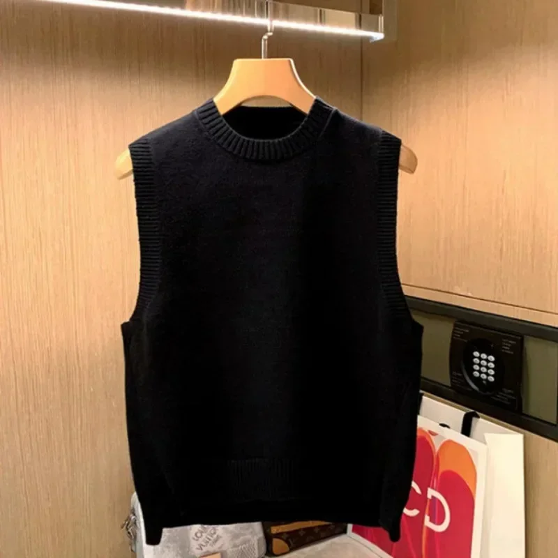 Brown Knit Sweater Male Sleeveless Black Waistcoat Men's Clothing Round Collar Green Vest Crewneck Ugly Warm Baggy Wool Cigaret