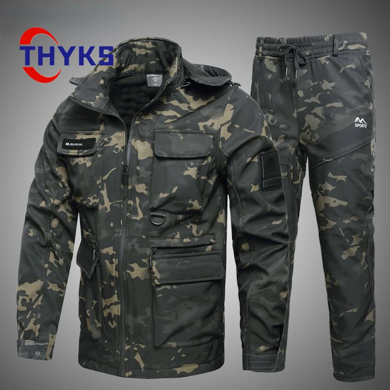 Plush Thick Camouflage Set Men Hooded  Resistant Waterproof Wear-resistant Outdoor Two-piece Elastic Waist Multiple Pockets Suit