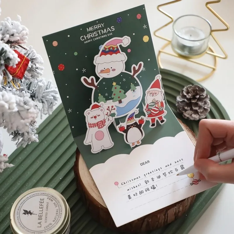 

3D Pop Up Cartoon Christmas Card Merry Christmas Greeting Card Handwritten Blessing Invitation Cards Thanksgiving New Year Gifts