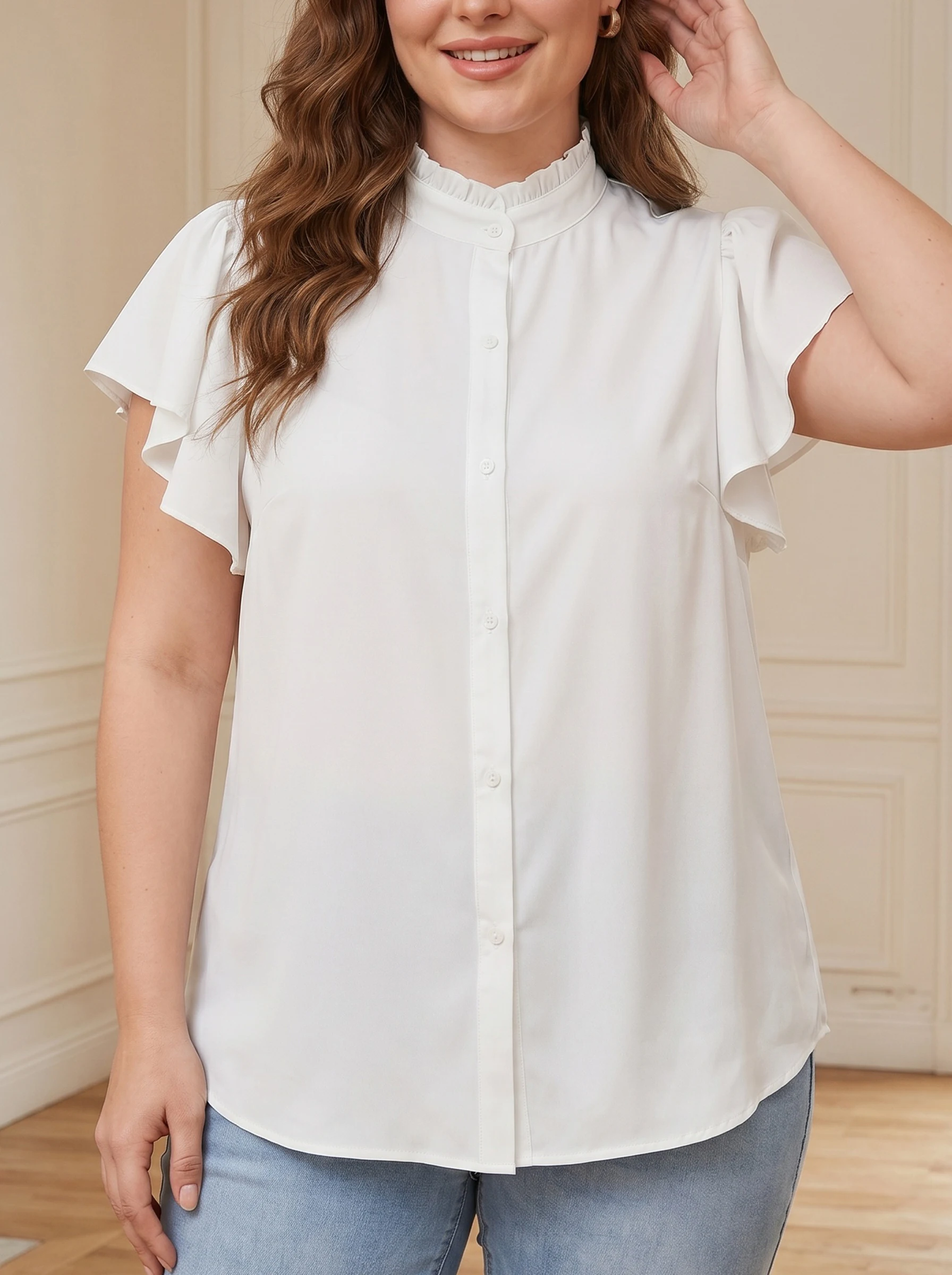 

Rosa fera Loose Fit Plus Size Women’s Casual Button Front Shirt with Ruffle Sleeve Detail