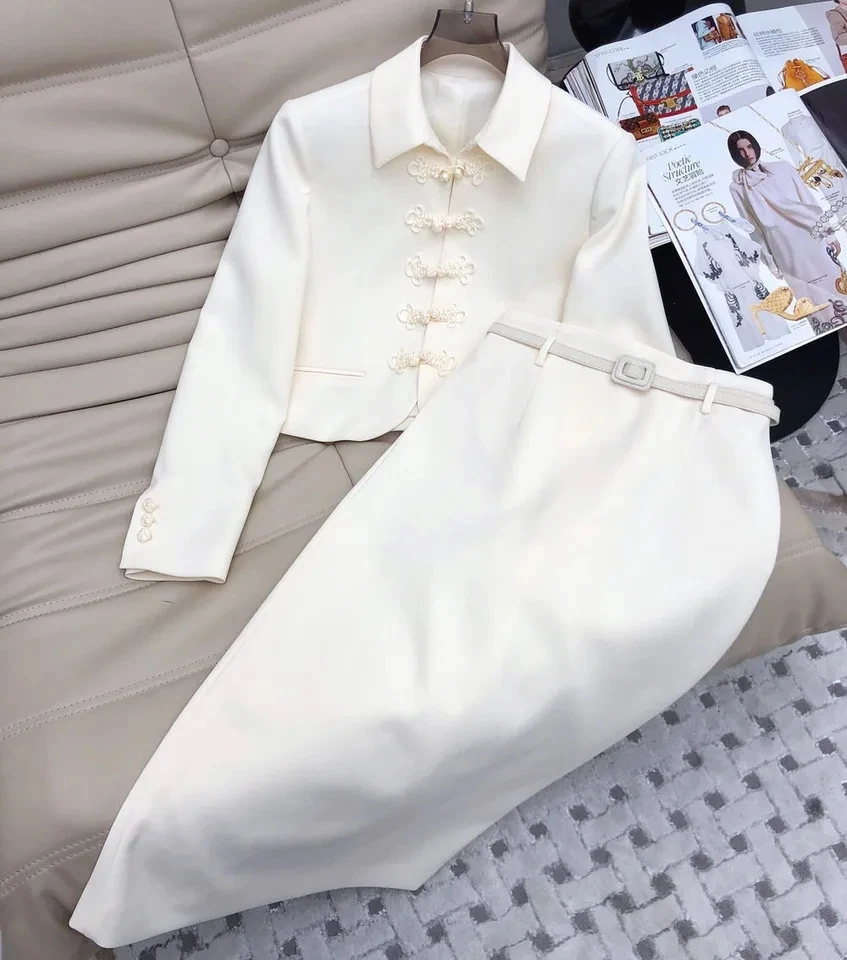 2024 early spring women solid silk wool skirt set long sleeve single breasted top + belt long skirt 2 pieces set