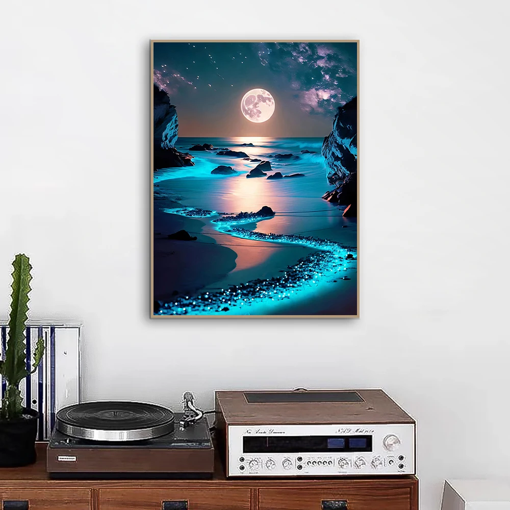 Modern Moonlit Night Art Prints Fluorescent Coast Blue Ocean Canvas Painting Poster Pictures Living Room Home Wall Decor