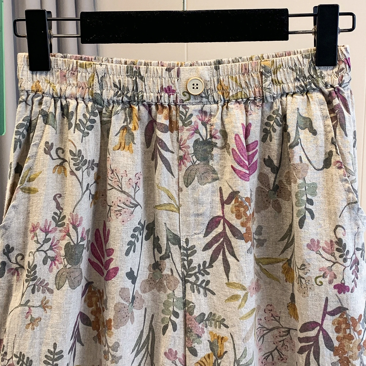 High-End Anti-Aging plus Size Women's Floral Print Elastic Waist Summer Pants Versatile Casual Cotton Linen Blend Wide Leg Tr...