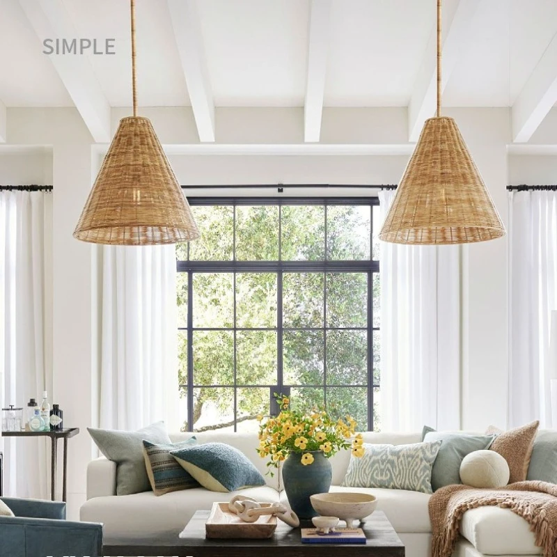 

Скандинавская плетеная люстра из ротанга ручной работы, светодиодный светильник для чайной комнаты в стиле дзен, потолочная лампа для гостиной, плетеная люстра в скандинавском стиле