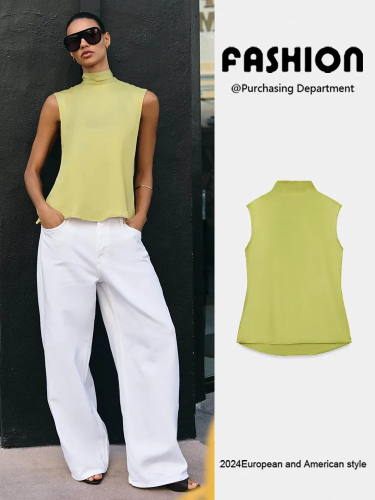 

Spring New Arrival Women's Svel High Collar Silk Satin Texture Knot Top Ethnic Stage Costume Ladies Faion