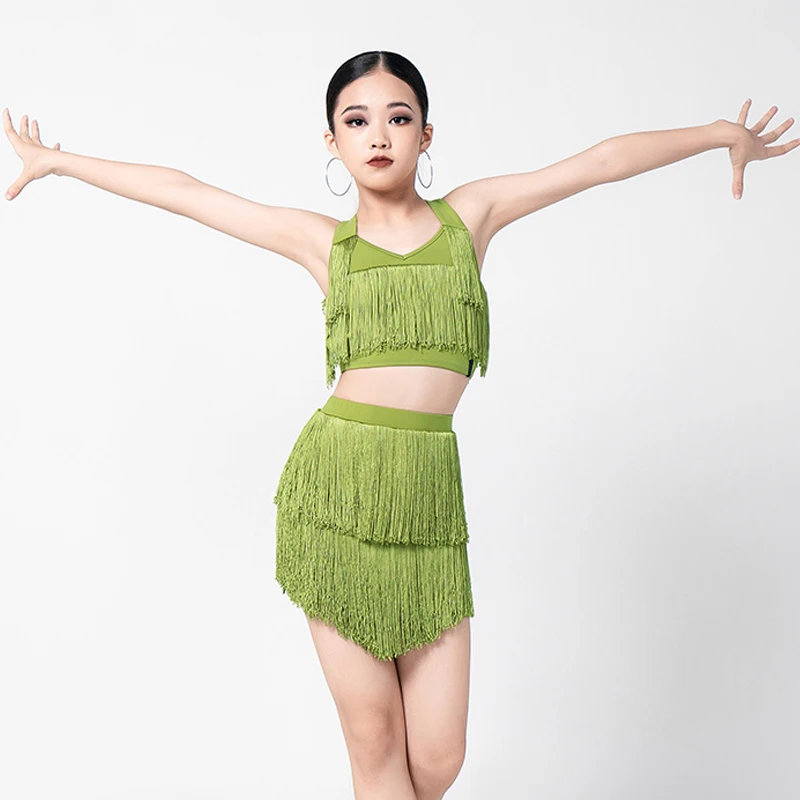 Kids Performance Latin Dance Costume Girls Latin Fringed Top Skirt Chacha Tango Latin Dance Competition Clothing DWY9221