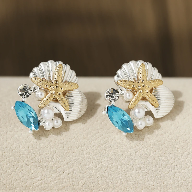 Starfish earrings metal shell imitation pearls fashionable simple retro good-looking earrings suitable for ladies to wear daily