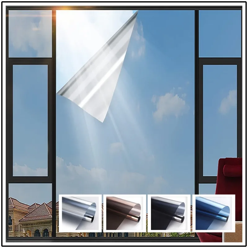 One Way Daytime Privacy Mirror Window Film, Static Cling Silver Tint Heat Insulation Anti UV Glass Sticker for Home Office