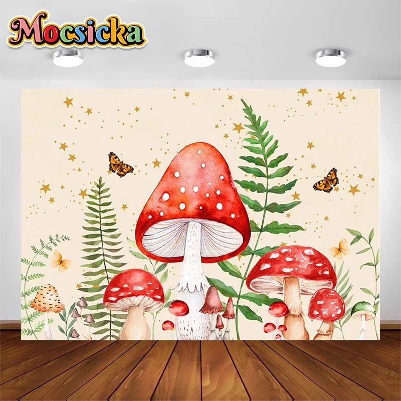 

MOCSICKA Giant Mushroom Photography Backdrop Butterflies Leaves Stars Kids Party Decor Bathroom Shower Curtain Background