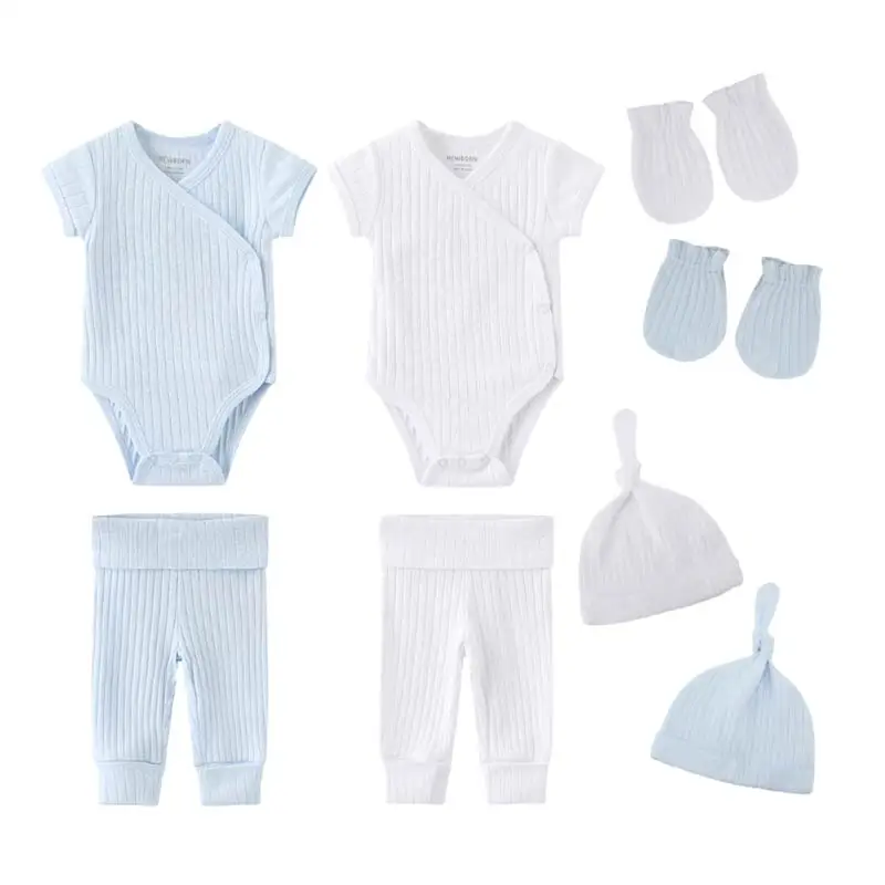 

Kiddiezoom 8 PCS/Set Four Seasons Solid Newborn Boy Girl Clothing Sets Infant Bodysuits+Pants+Accessories Baby Shower Gift