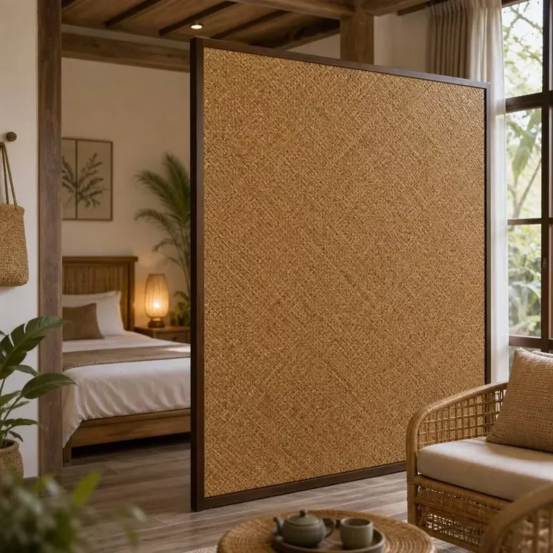 Herringbone Rattan Weave Laminated Glass Room Divider Ultra Clear Translucent Privacy Decorative Screen for Home Villa