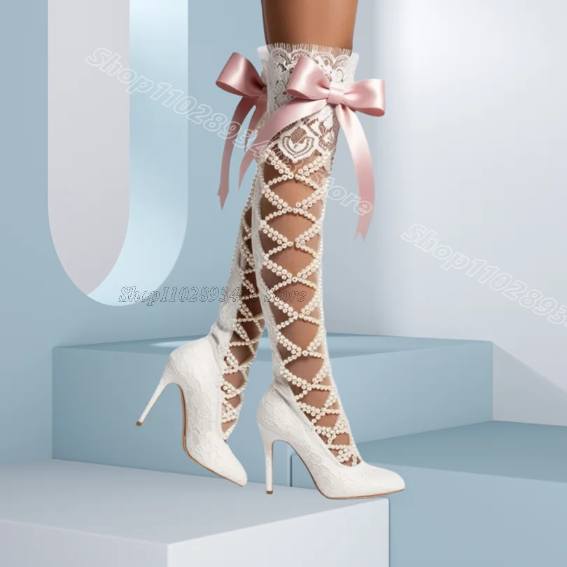 

White Bowknot Pearl Decor Boots Lace Pointed Toe Stiletto Spring for Women Party Dress Elegant Boots 2025 Zapatos Para Mujere