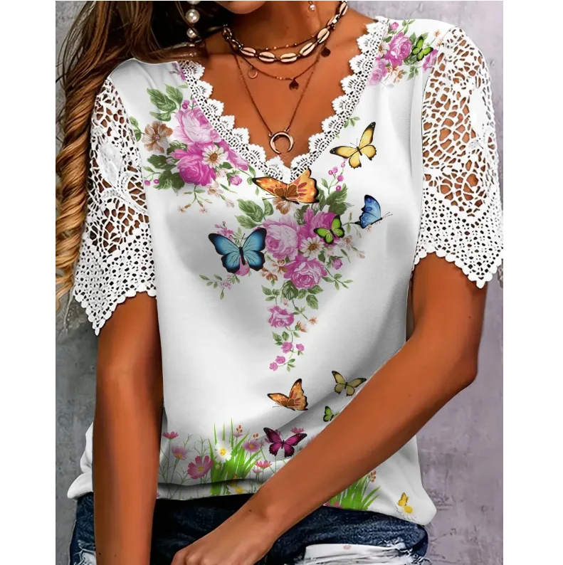 New Boho Flower Blouses Womens Fashion Shirt V-Neck Short Sleeve Flower Print Shirt Tops Casual Loose Ladies Floral Lace