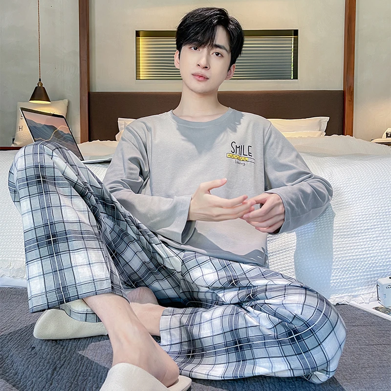 Plaid Men Pajamas Set Casual Male Sleepwear Autumn Winter Long Sleeves Long Pants Soft Pyajmas Boys Pijamas Blue Cozy Cotton Pjs