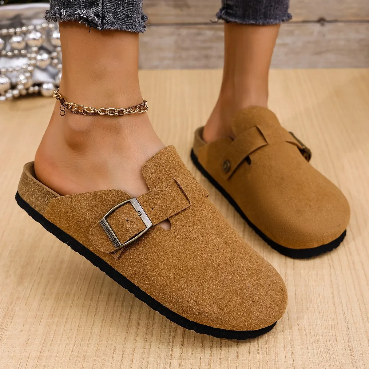 Women's Cork Clogs Shoes Flat Closed Toe Thick Soled Slippers for Women Outdoor Casual Women's Flat Slippers Zapatos De Mujer