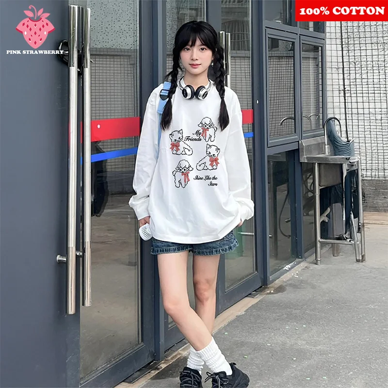 

Hand drawn Cartoon Cat Print T-shirt Women Autumn Winter 2025 New Korean style White T-shirt Casual Loose Y2k Top kawaii clothes