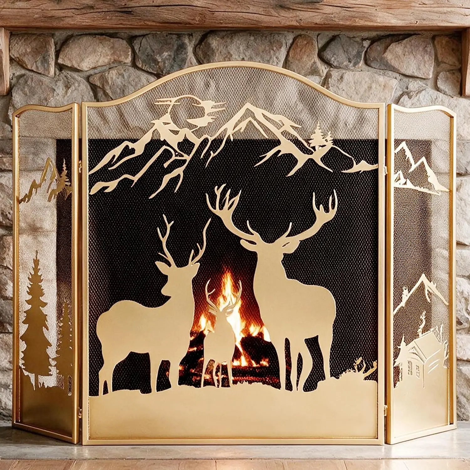 50x36in Gold 3-Panel Fireplace Screen with Deer Pattern