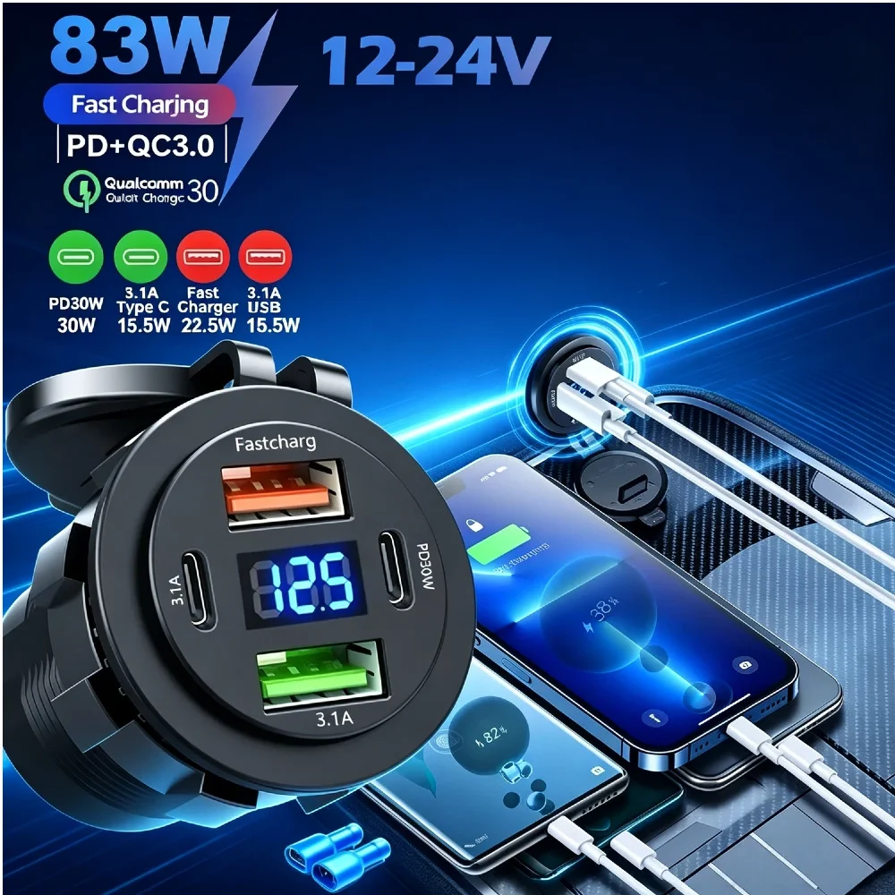 83W 4 Port Car Charger 12-24V Dual USB Dual Type C Fast Charger Waterproof Voltmeter Power Outlet for Motorcycle Boat Truck