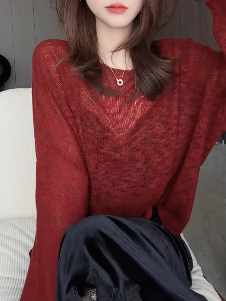 

Корейский вязаный топ с круглым вырезом и вырезами, облегающий, для женщин, осенняя мода, большие размеры, свободный крой, с длинными рукавами