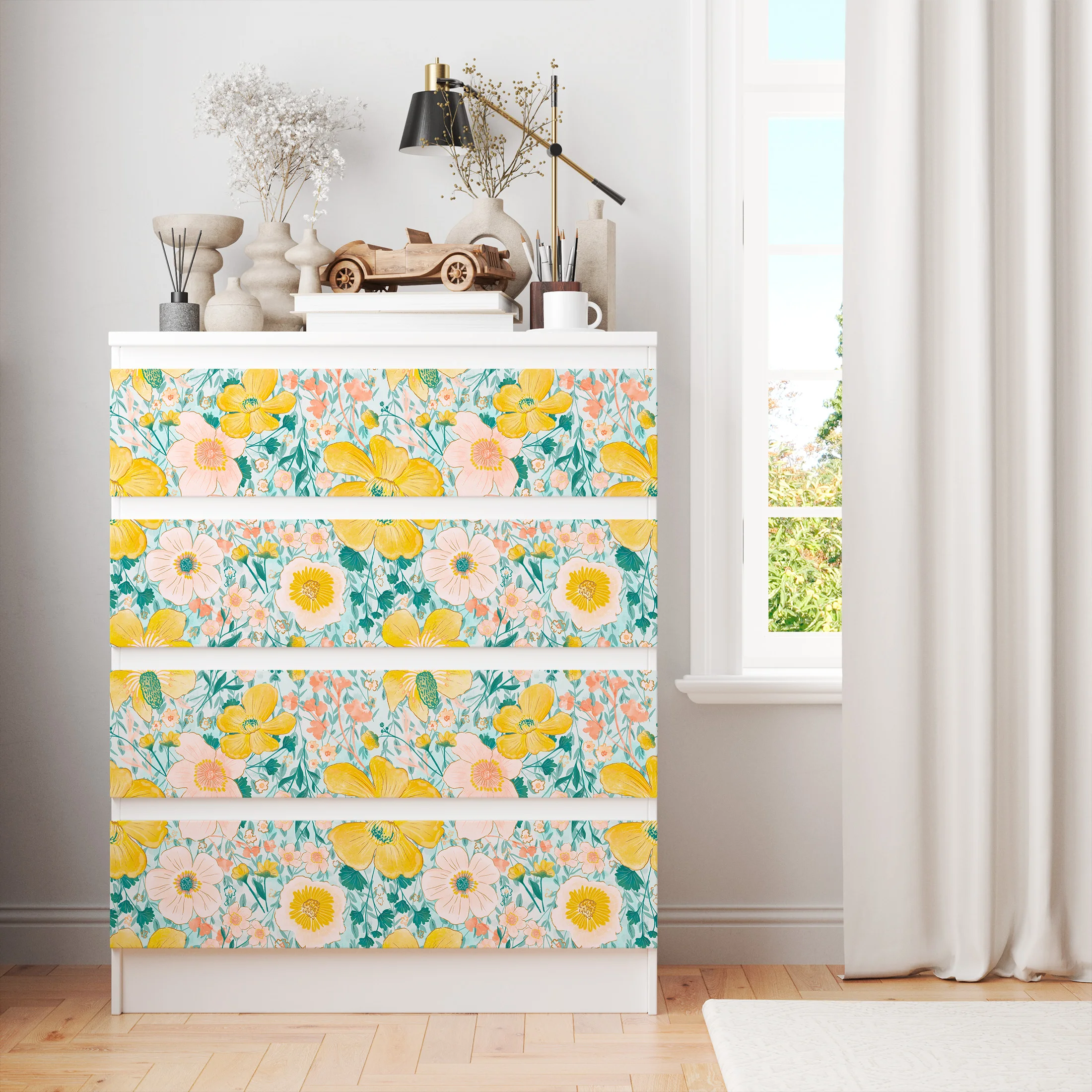 Boho Bright Yellow Floral Peel and Stick Wallpaper Watercolor Light Pink Flower Self Adhesive Wallpaper Removable Contact Paper
