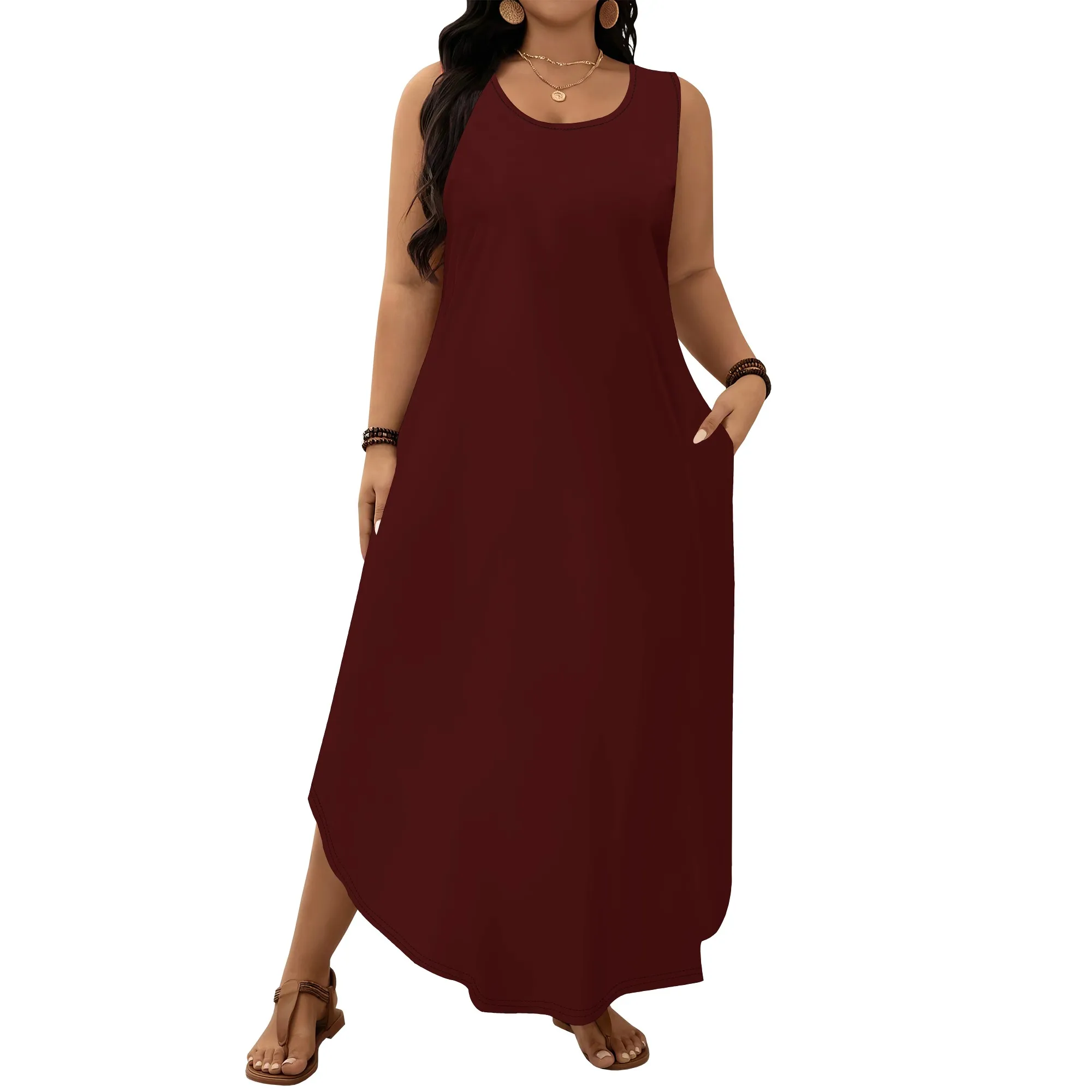 

Women's Plus Size Graphic Vacation Dress Sleeveless Scoop Neck Maxi Tank Dresses with Pocket