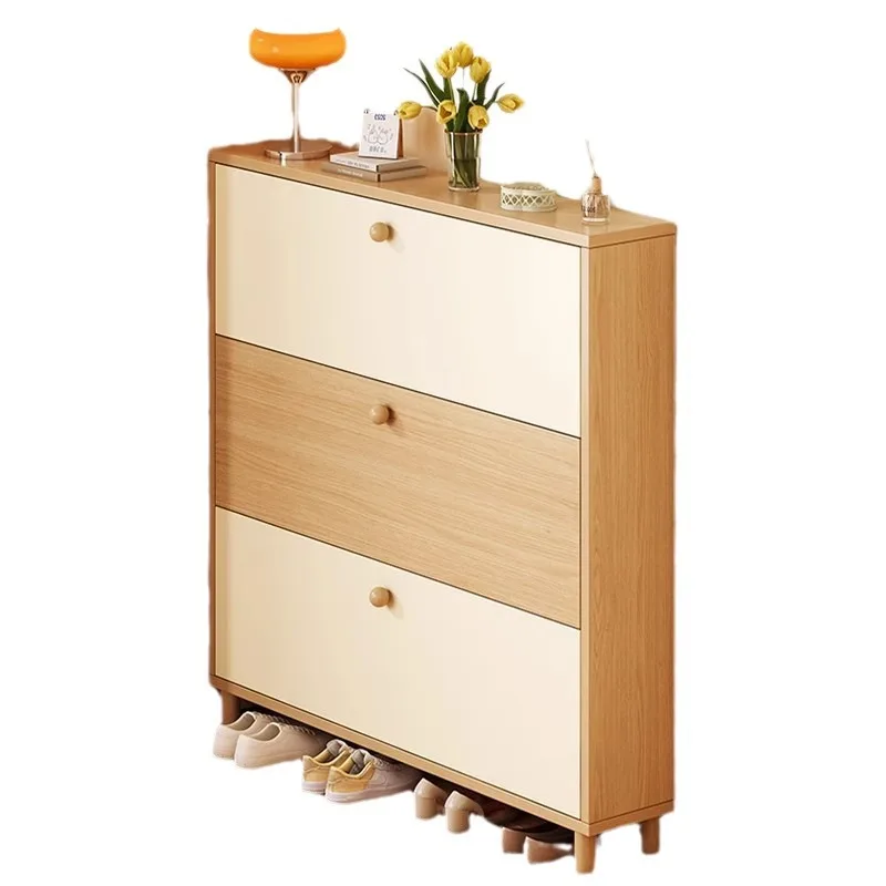 

Modern Solid Wood Color Tipping Shoe Cabinet Home Door 2024 New Entrance Large Capacity Locker Shoe Plate