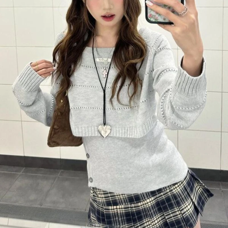 

Deeptown Elegant Sweet Pullovers Women Korean Style Grey Two-piece Set Sweaters Vintage Harajuku Casual Loose Aesthetics Jumpers