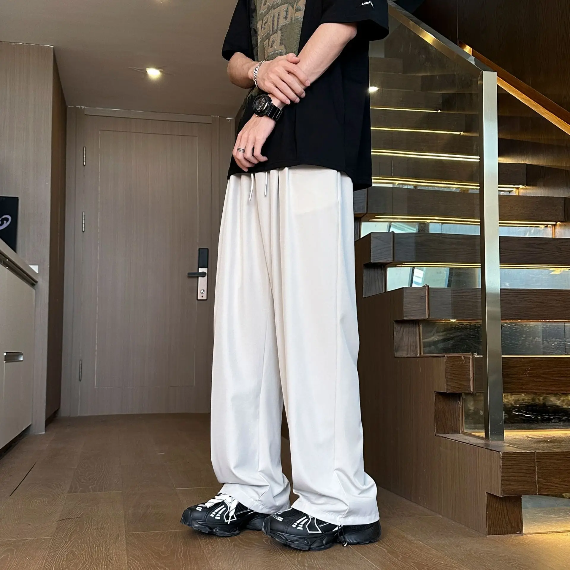 2025 Summer Spot Hot Ice Silk Quick-drying Pants Solid Color Embroidery Draped Breathable Cool Straight Men's