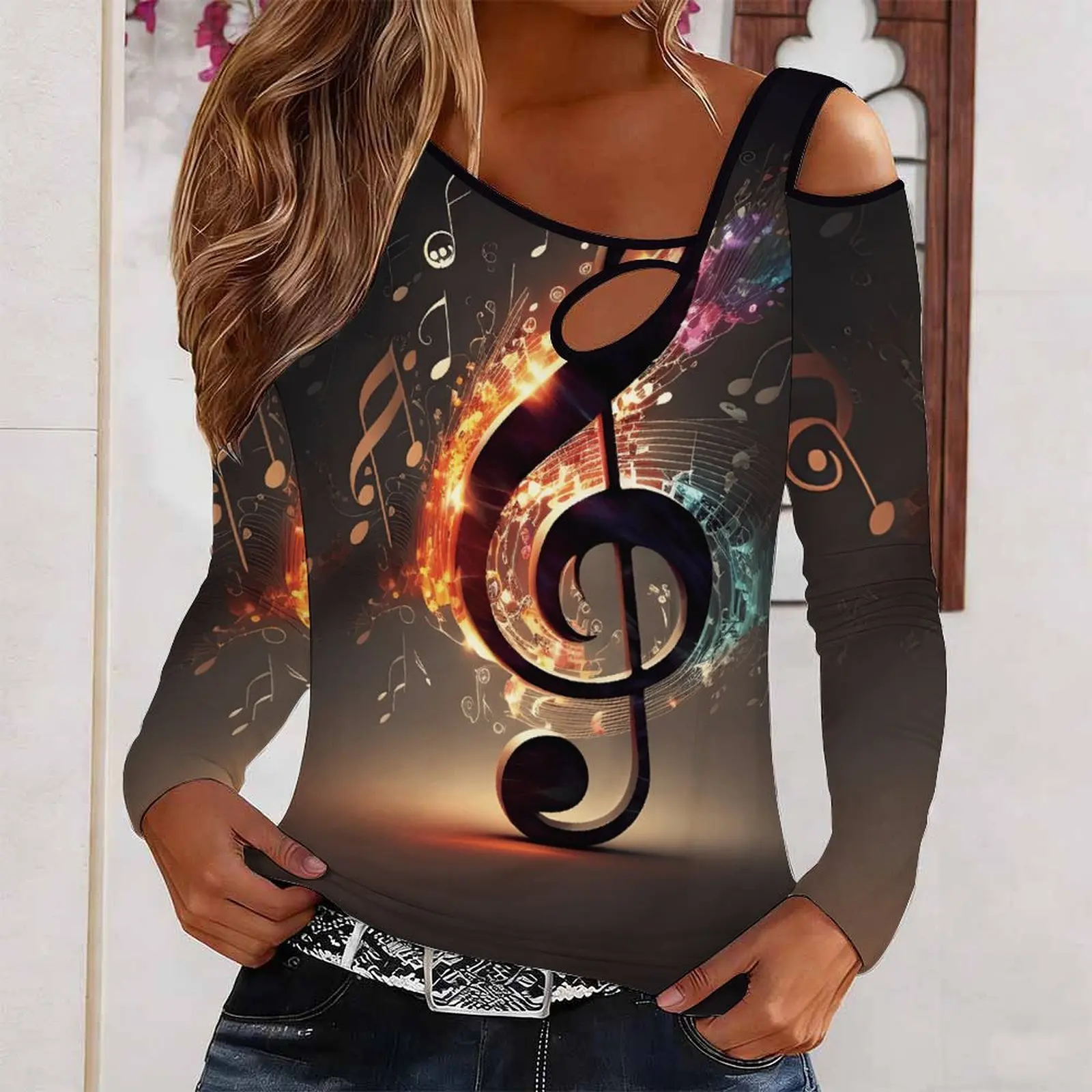 Elegant Directional Slanted Shoulder Long-Sleeved Off-Shoulder Fashion Elegant Women's Printed Top Everyday Fashion T-Shirt