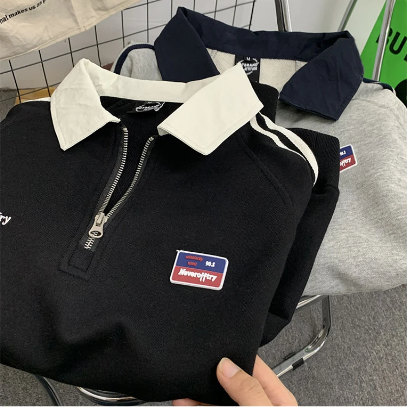 American Style Autumn Winter Oversize Sweatshirts Men Lapel Letter Zipper Printing Label Fashion Trend Long Sleeve Loose Hoodies