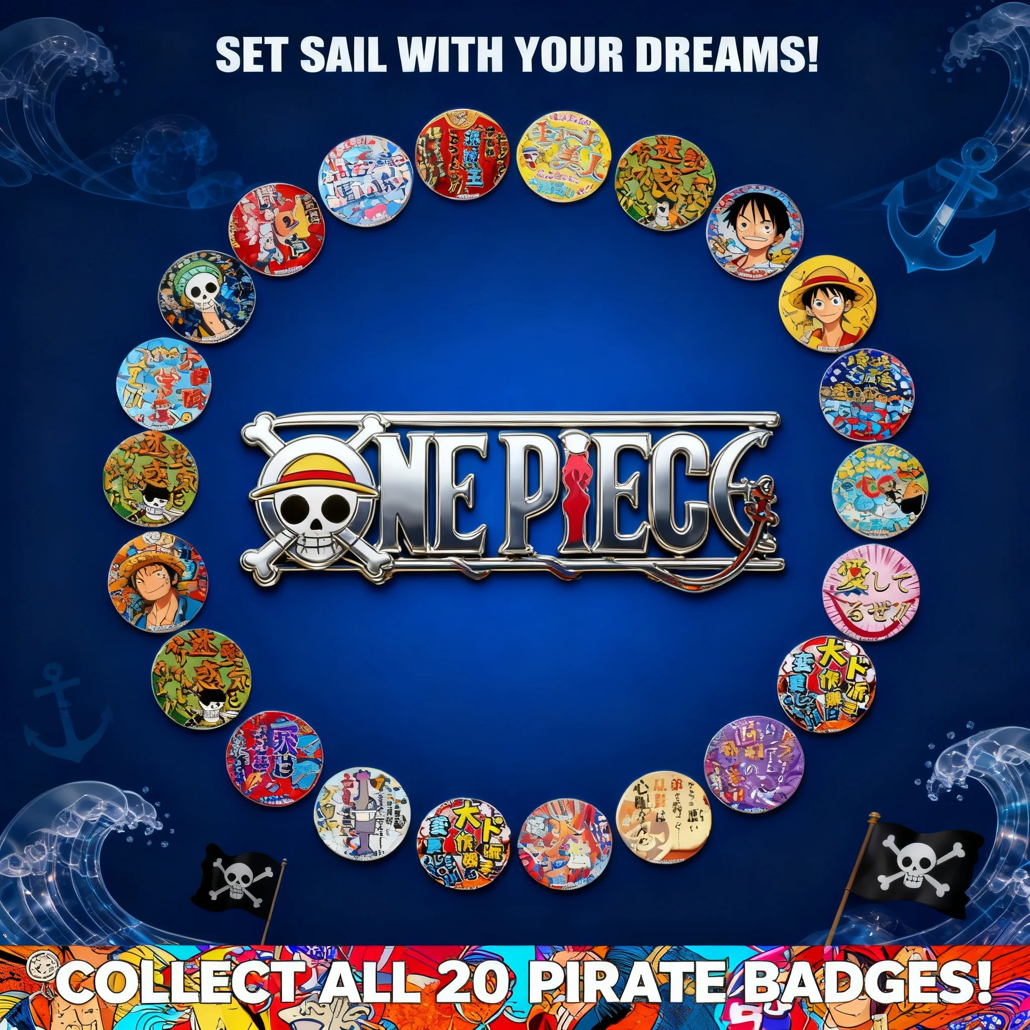 Set de 20 Pins de Anime One Piece: Colección de Luffy, Ace, Zoro, Barbablanca G1 del Arco de Wano, Marineford, Dressrosa y Alabasta