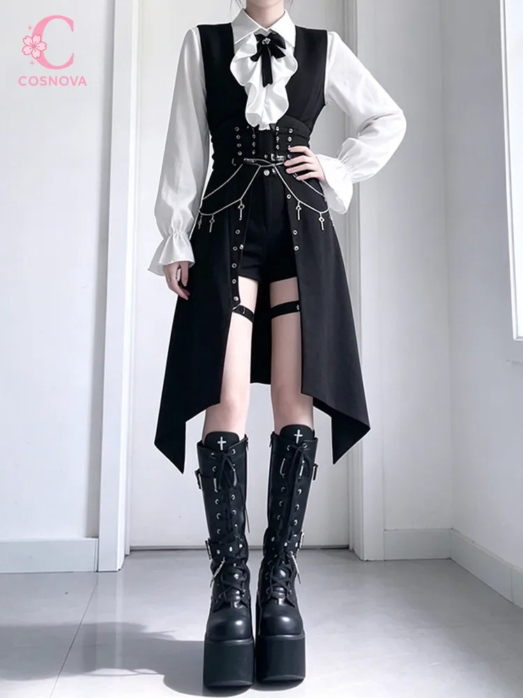 Gothic Dark Sweet Lolita 2 Piece Set Women Puff Long Sleeve Bowknot Corset High Waist Chain Cross Ruffle Lace Trim Slim Fit Dres