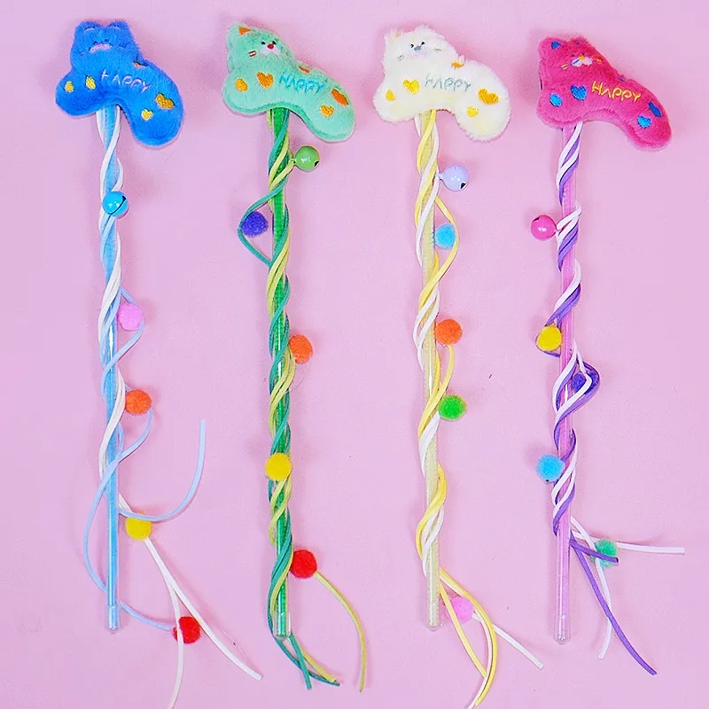 

Cat Toy Tassel Stick Cat Toys Interactive Long Handle Cats Teaser Toy with Bell Cute Cartoon Plush Sticks Toys for Cats Scratch