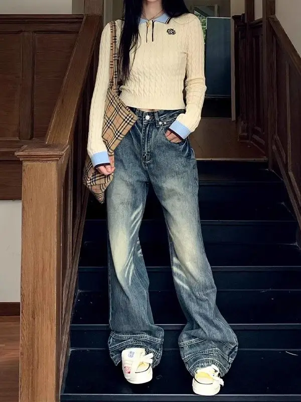 

Джинсы-колокольчики с высокой талией, женские весенне-осенние свободные широкие длинные брюки, американский уличный дизайн Sensation