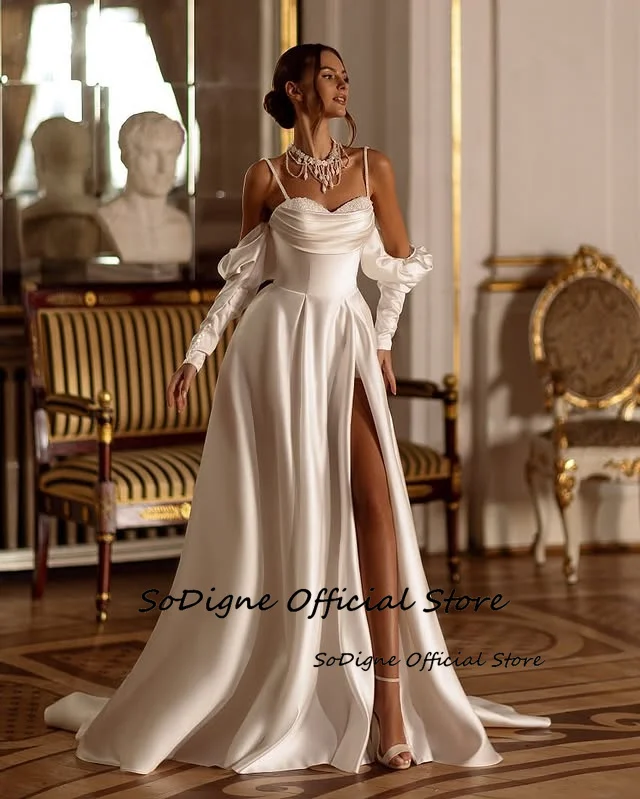 SoDigne-vestido de novia de satén, corte en A, elegante, escote en forma de corazón, mangas desmontables, vestidos de novia largos divididos personalizados ﻿